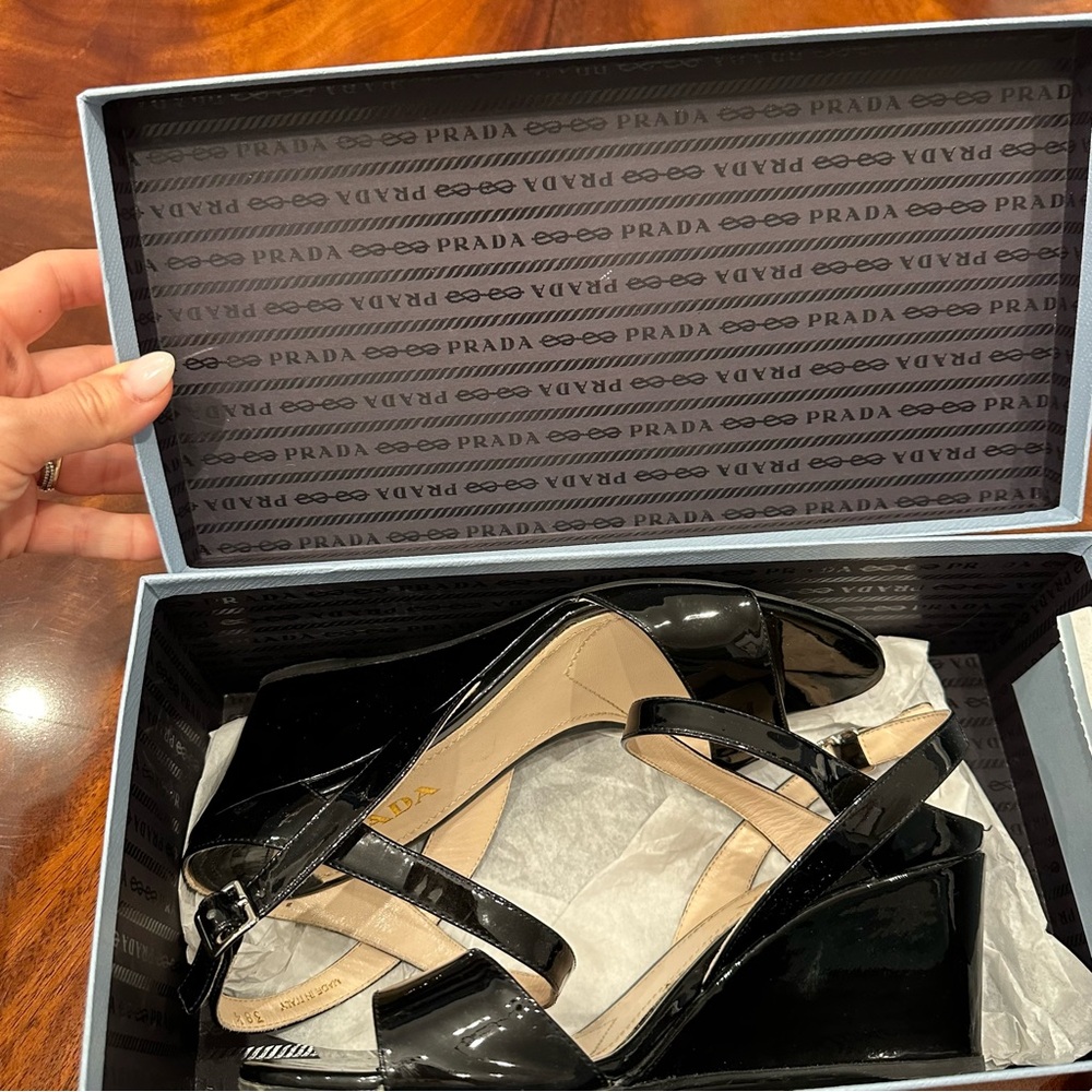 Prada Black Patent Leather Wedge Sandals - Picture 13 of 16